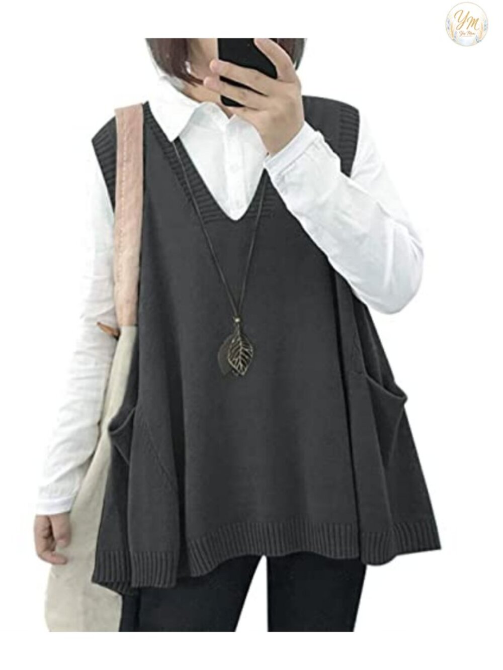 Oversized Cotton Knit Sweater Vest with Drop Pockets Sleeveless Pullover